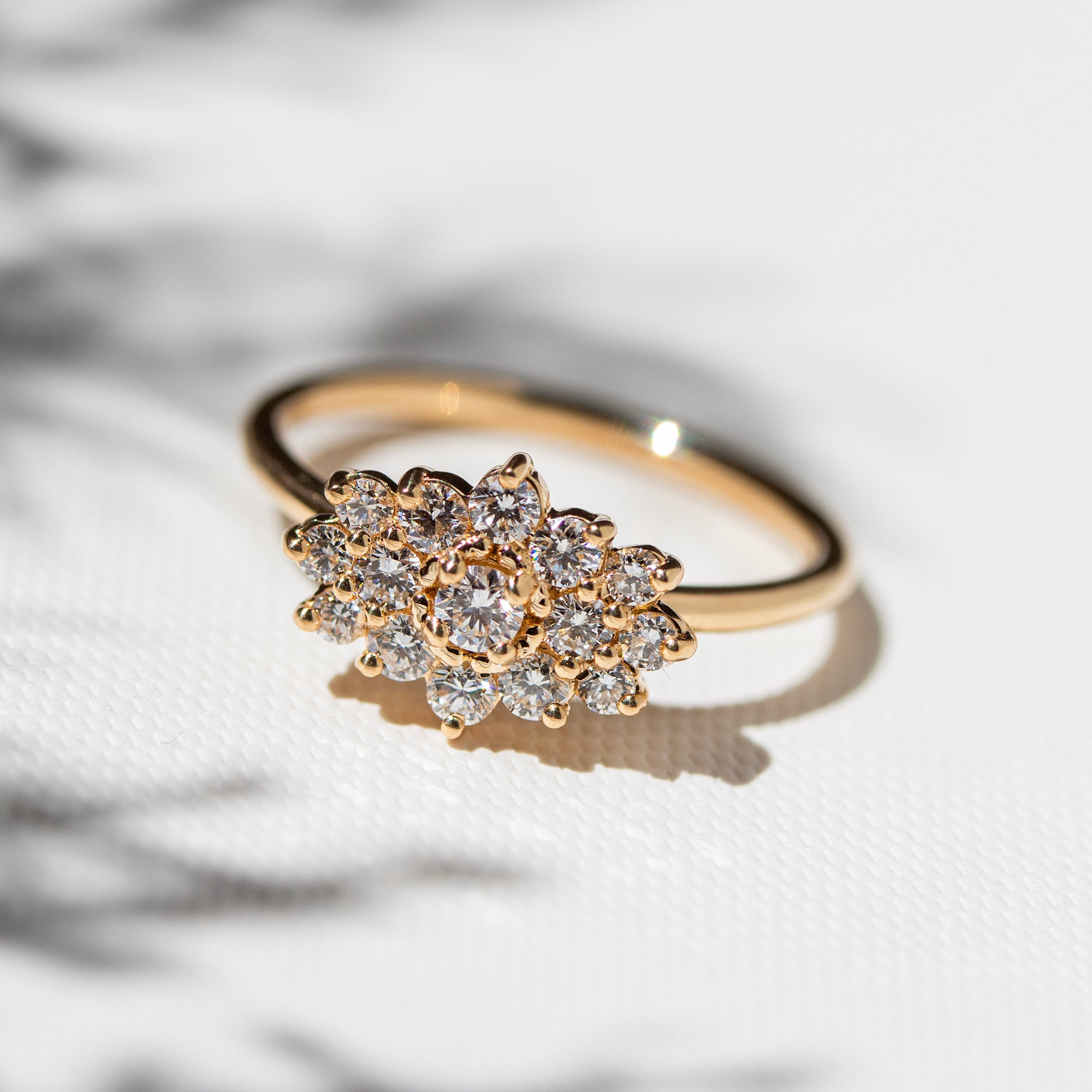 Anillo oro 18K con rosetón de diamantes en fondo blanco