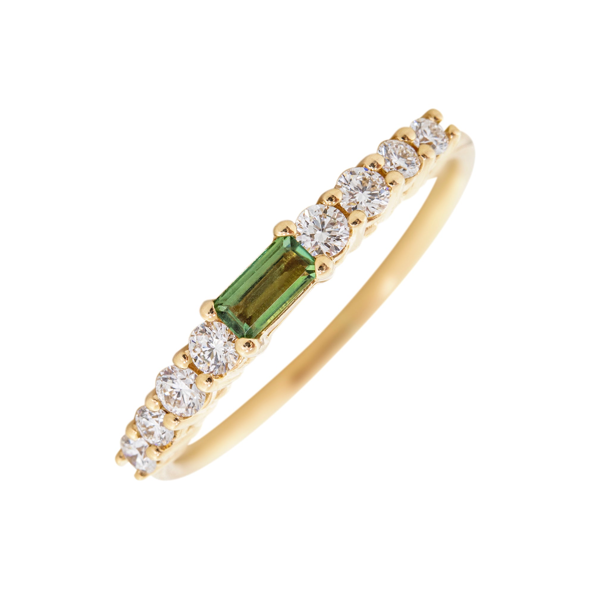 Anillo en oro 18K Turmalina verde y diamantes en fondo blanco