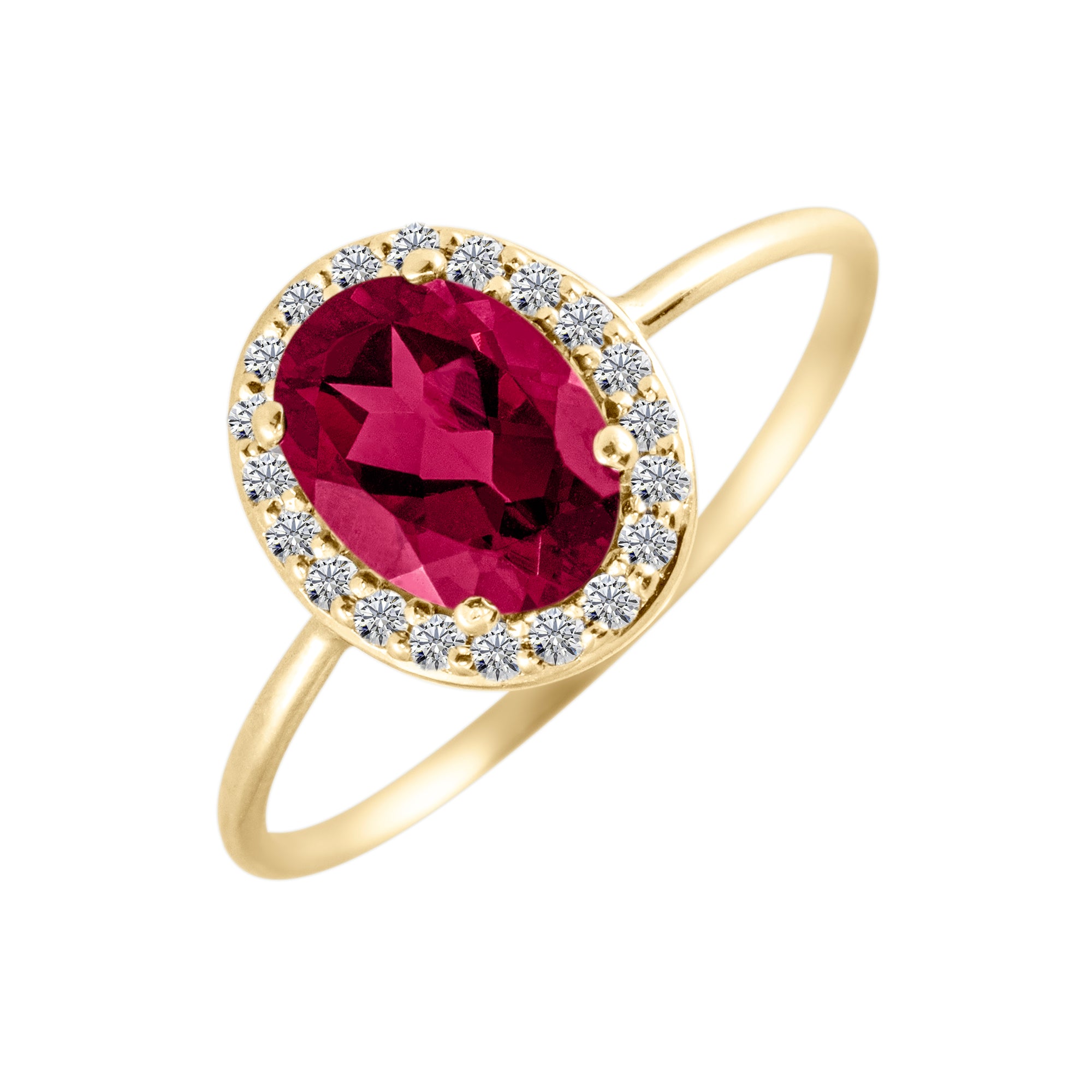 Anillo de oro 18K rubí ovalado y diamantes alrededor en fondo blanco