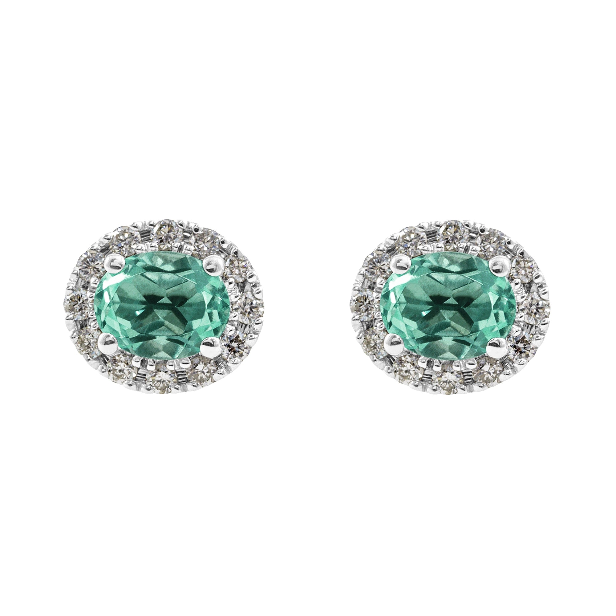 Pendientes Diamantes talla brillante 0.20ct oro 18kt. Esmeralda central de 6x4mm. Montura 4 grapas, cierre presión.