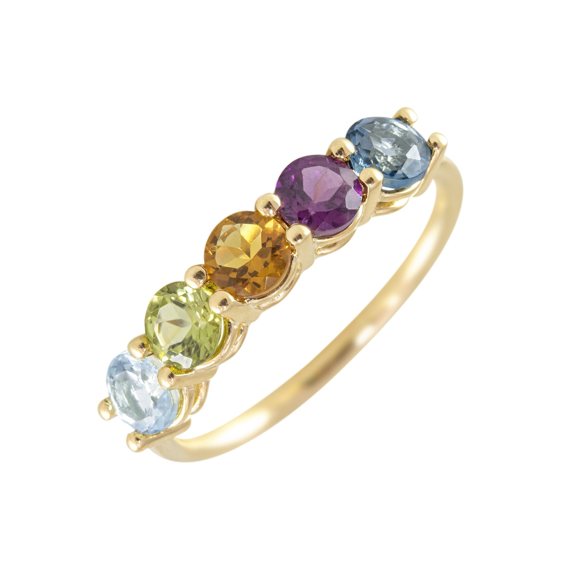 Anillo cinquillo oro 18K con piedras preciosas en fondo blanco