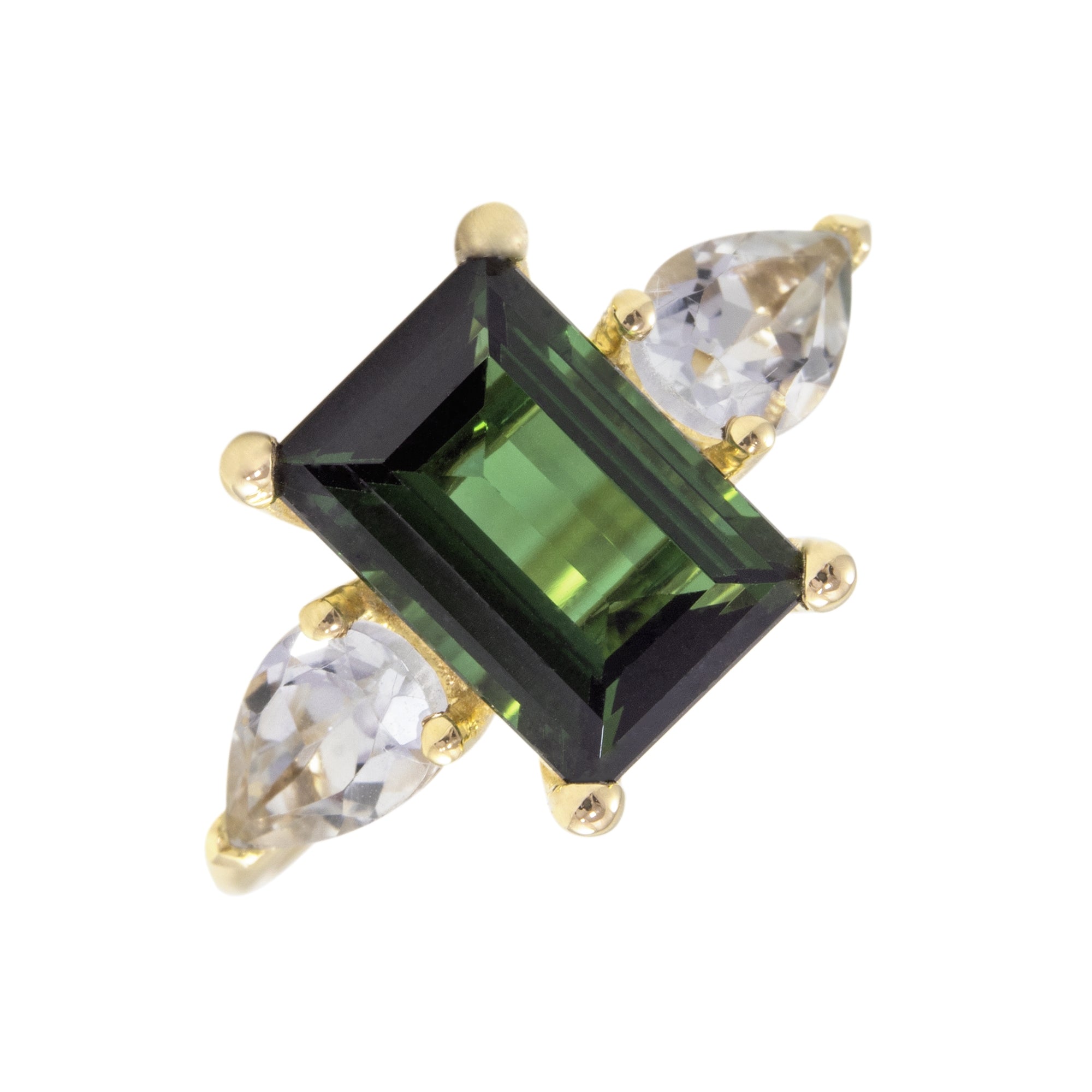 Anillo trilogía  en oro 18K de topacio, diamantes y turmalina fondo blanco